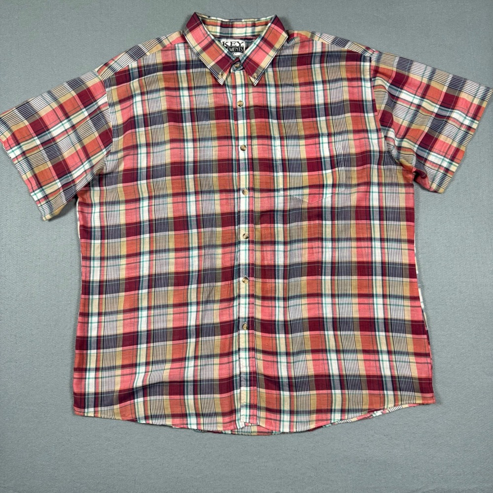Key Elements Plaid Button Down Shirt Men 2XL Red Cotton Short Sleeve Casual Flaw